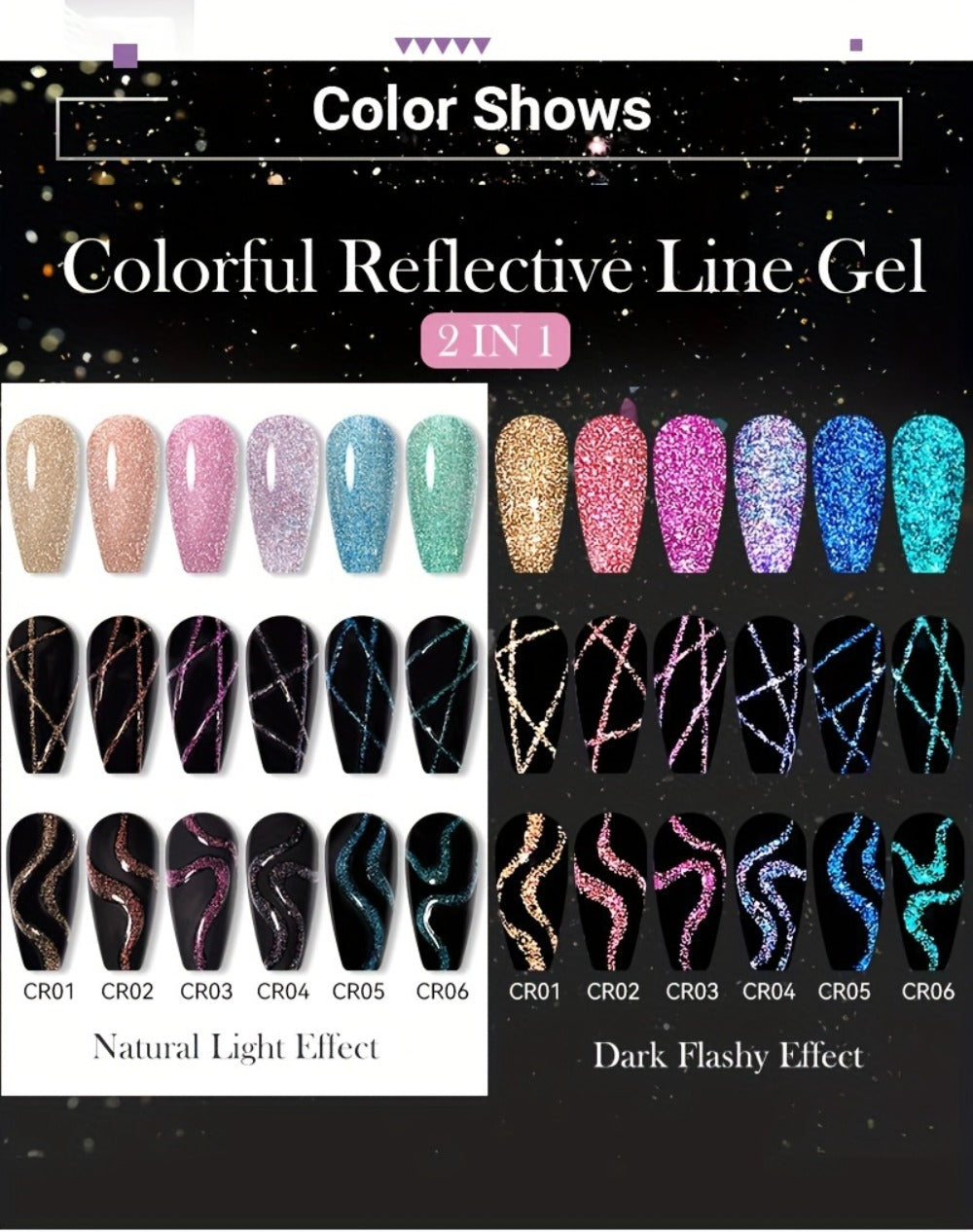 LYCUTE 0.17oz 6-Pack Super Glitter Reflective Color Eyeliner Gel Nail Polish Ultra Fine Brush Tip Stripe Drawing Gel