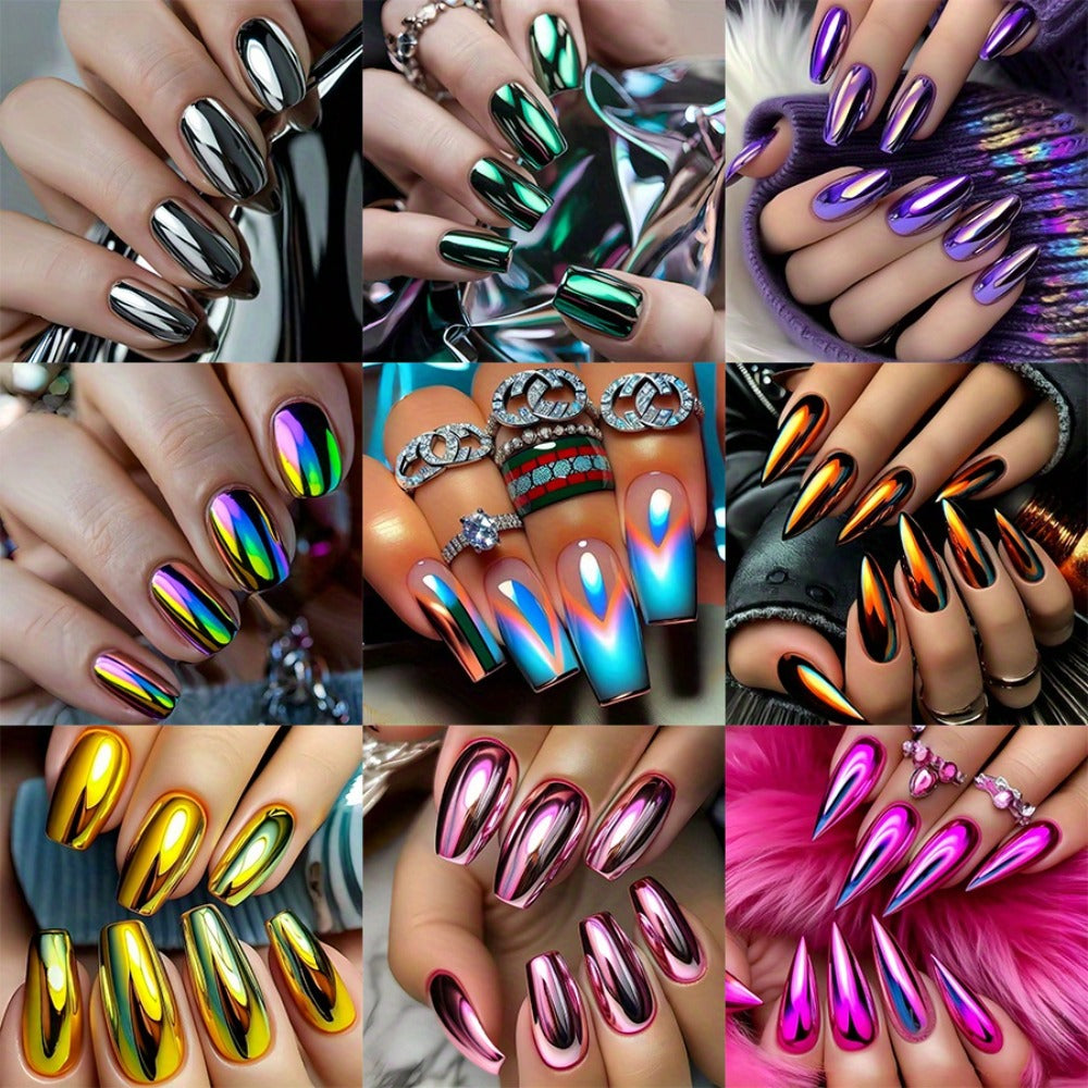 216pcs (9pcs) Solid Color Cool Almond Shaped Nail Pressure Purple, Pink, Silvery, and Golden Gradient Fake Nails, French Style Pointed Fake Nails, Daily and Holiday Nail Full Set Acrylic Nail Glue for And