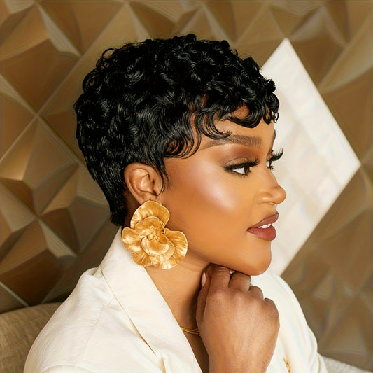 Brazilian Remy Human Hair Wig - Short Curly Pixie Cut with Bangs, 180% Density Glueless Natural Black Bob Wig, Layered Loose Curly Hairpiece for Caucasian/Black/African Descent, Machine-Made for Comfortable Daily Wear & Low