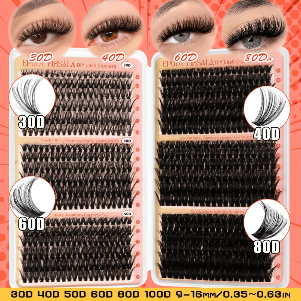 Lash Clusters Kit 708pcs 8-16Mm Mixed 30D-100D Lashes Clusters Kit with Glue, Tweezers And Brush, Mega Volume Cluster Lashes for Natural Or Dramatic Eye Makeup, Soft Reusable Eyelash Clusters Kit for Long Lasting Salon Style Look Easily at Home