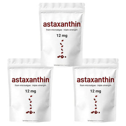 Astaxanthin 12mg Softgels 3 Pack 120 Count 4-Month Supply Triple Strength Antioxidant Supplement Fresh Microalgae Source Skin Eye Immune Joint Support Easy Swallow