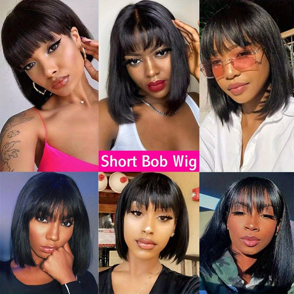 Human Hair Wig Short Bob Straight with Bangs Brazilian 200% Density Glueless Full Machine Made for Women Black 8 10 12 16 Inch Natural Hairline