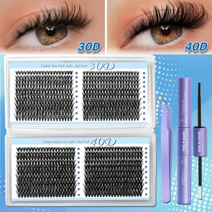 Wispy Lash Clusters Kit 800 Pcs — 30D 40D Mixed Length 8-16mm Eyelash Extension Set with 2-in-1 Bond & Seal Glue and Tweezers, Fluffy Natural Long-Lasting DIY Cluster Lashes for Everyday Wear & Events