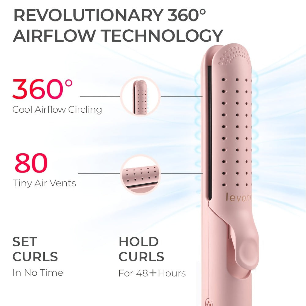 2-in-1 Pink Heated Curling Iron, Flat Iron and Curler, Heat-Free Curling Iron, 360° Adjustable, 5-Level Hot/Cold Air Adjustment, Fast & Dual Voltage, for Long and Short Hair
