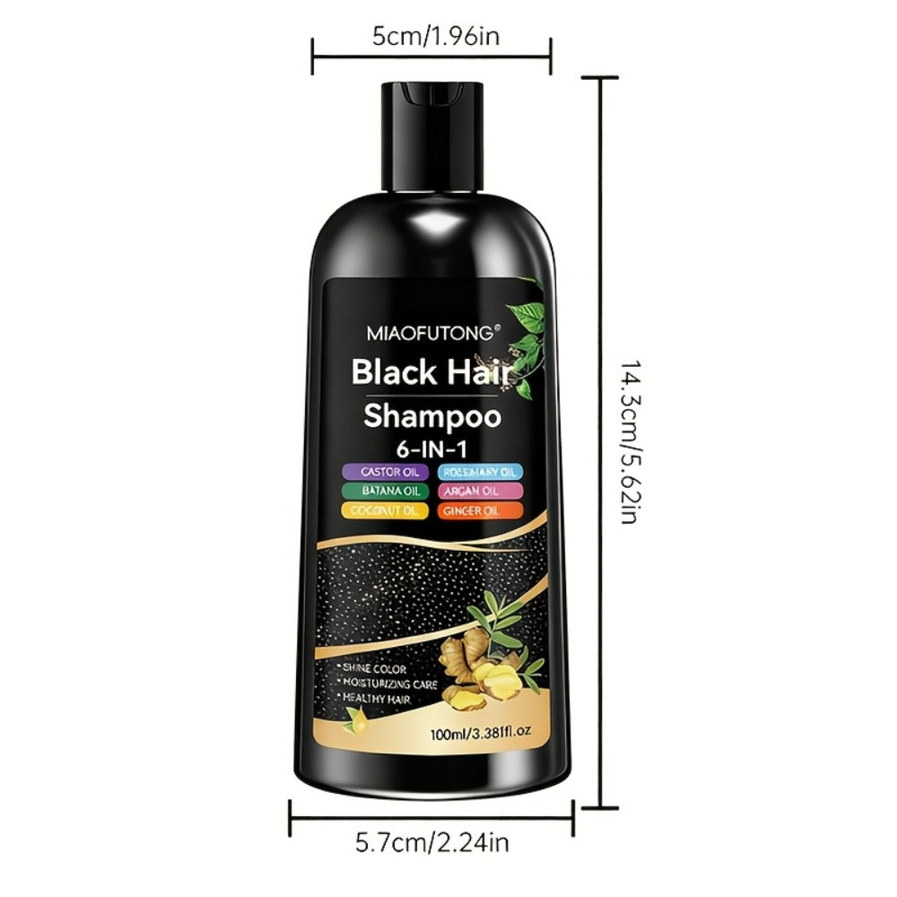 Black Hair Dye Shampoo 6-in-1 Gray Coverage - Castor, Batana, Coconut, Rosemary & Ginger Oil Formula, Instant Color, Glossy & Voluminous, Unisex, All Hair Types
