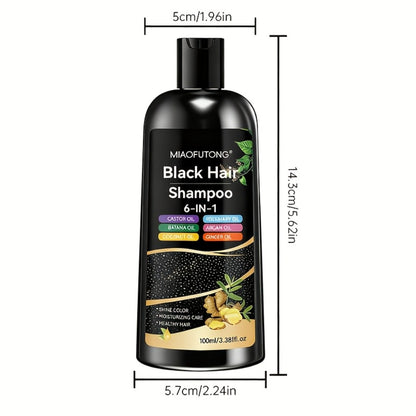 Black Hair Dye Shampoo 6-in-1 Gray Coverage - Castor, Batana, Coconut, Rosemary & Ginger Oil Formula, Instant Color, Glossy & Voluminous, Unisex, All Hair Types