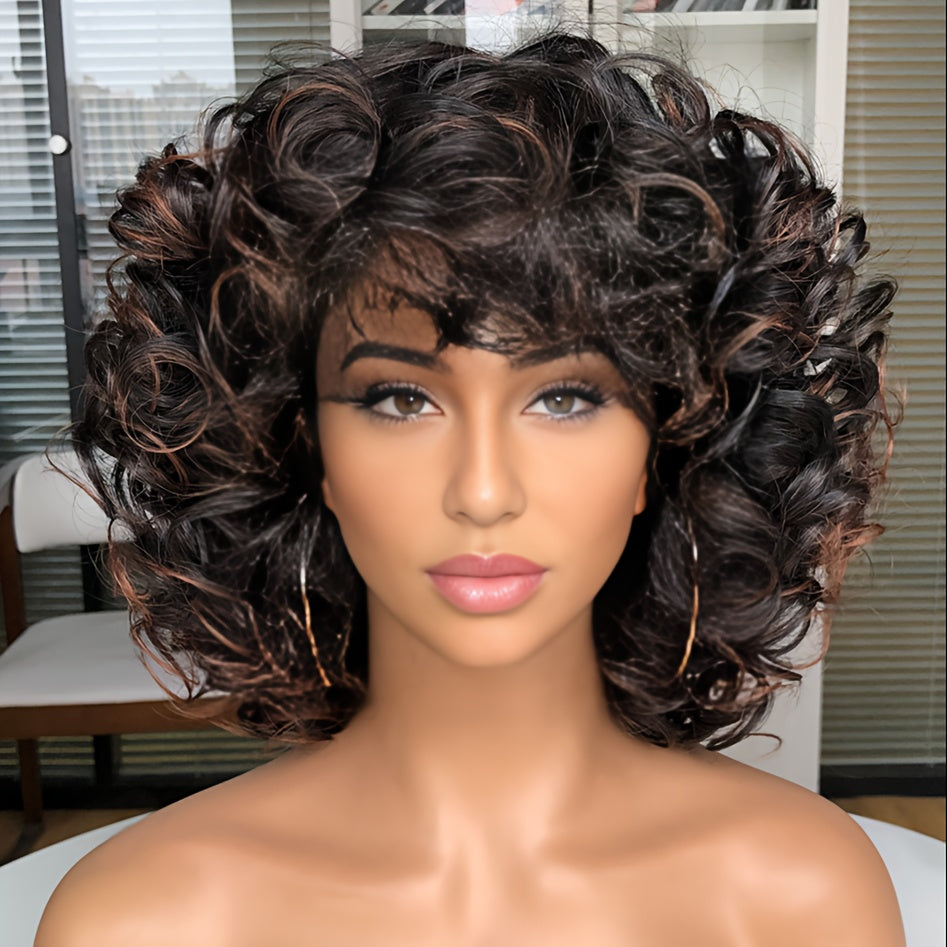 Elegant 14" Short Curly Wig with Wispy Bangs for Women - Natural Look, Heat Resistant Synthetic Jerry Curl Shag Hair, Perfect for Daily Wear & Cosplay