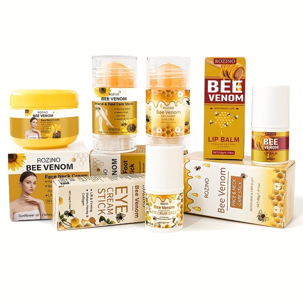 5pcs Bee Venom Care Set, Suitable For Lip, Face, Neck, Hands, Feet And Full-body Care. Moisturizing And Nourishing, Providing All-round Protection. Light And Non-greasy, Quickly Absorbed, Gentle And Non-irritating, Portable And Easy To Use