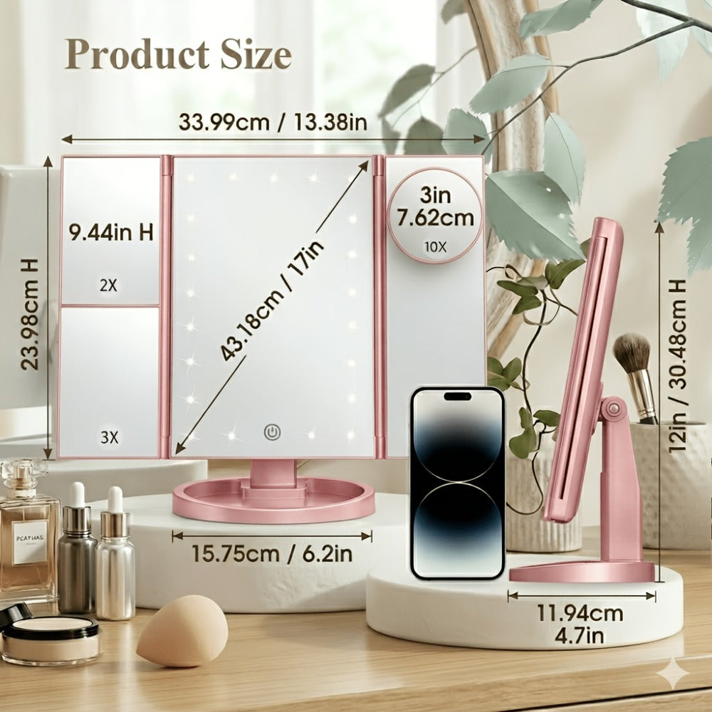 Makeup Mirror, Tri-Fold Lighted Adjustable Vanity Makeup Mirror with 21 LED Lights, Touch Screen And 3X/2X/1X Magnification (Free 10X Mini Mirror Included), Two Power Supply Modes, 360° Rotation, Ideal Gift Option (Rose Golden/White/Black)