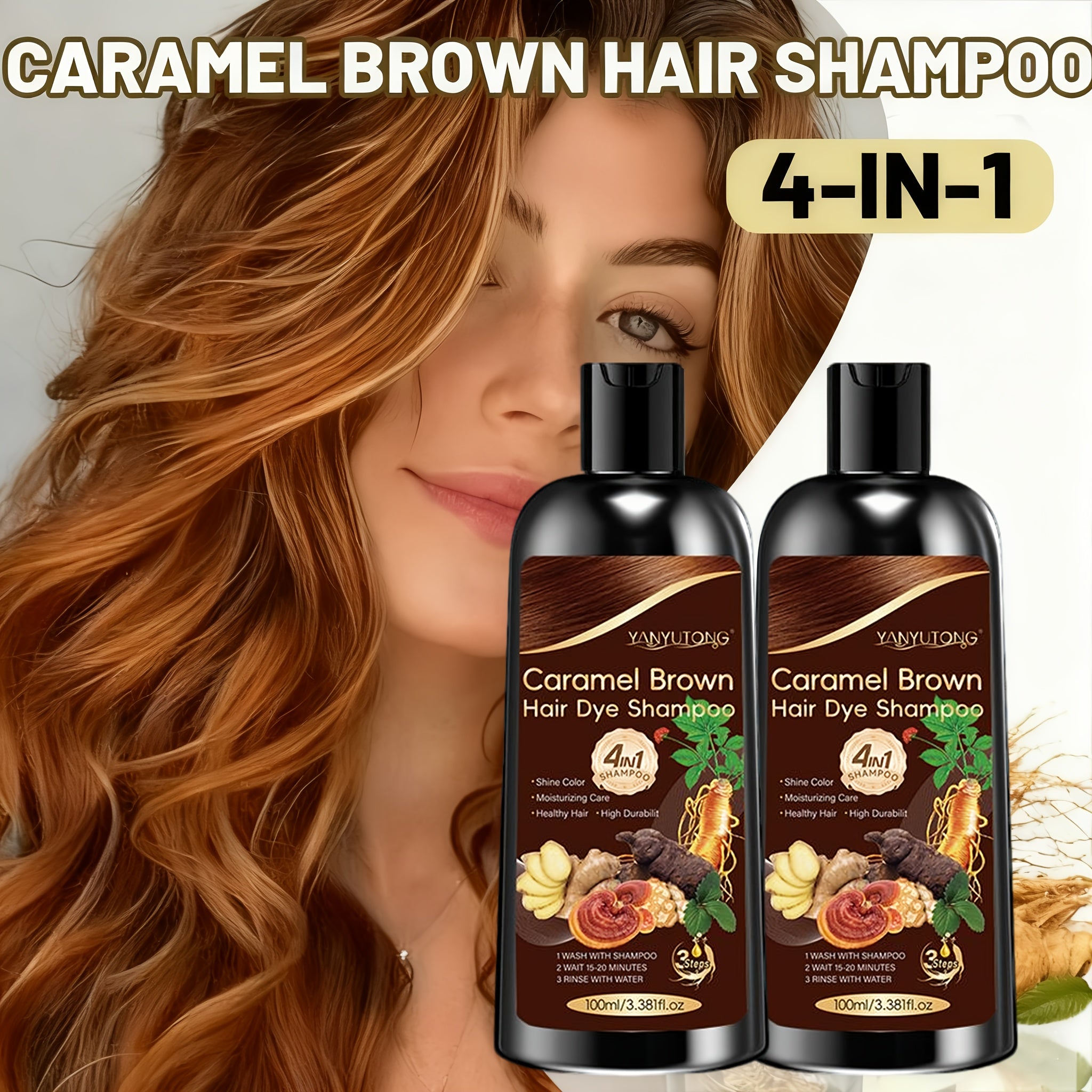 2-Bottle Pack, 3.38oz 4-In-1 Caramel Brown Dye Shampoo with Ginseng, Reishi Mushroom, And Ginger Extract - Instant Color, Shine, Volume & Smoothness in Minutes