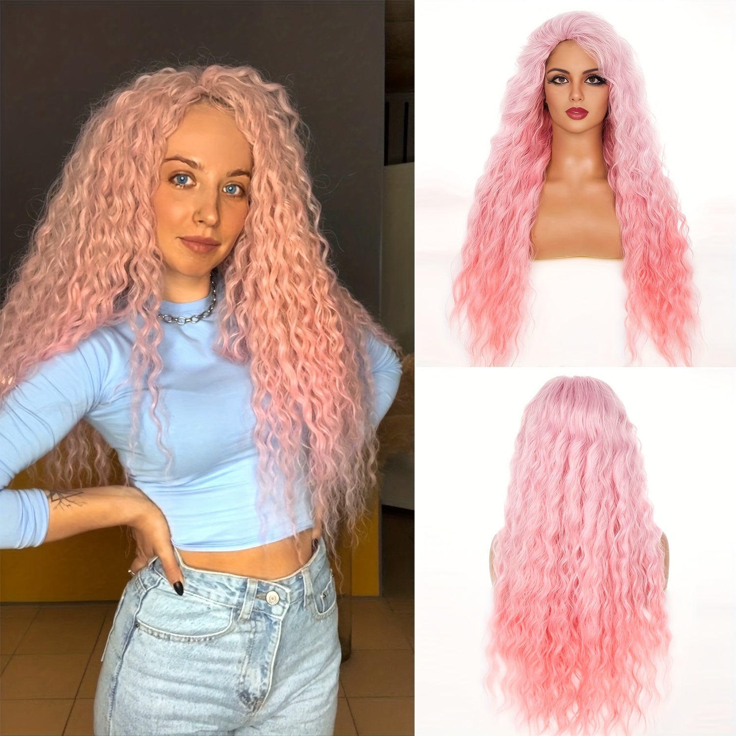 Ombre Ash Blonde Brown Curly Wig Long Wavy Middle Part Natural Looking Dark Roots Synthetic Wigs for Women 80s Halloween Carnival Party Wig Costume Party Or Daily Use 28 Inches
