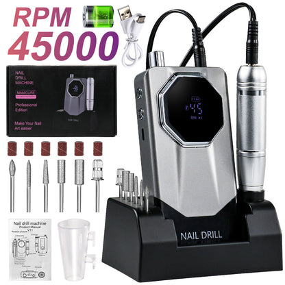 Professional Electric Nail File Kit 45000 RPM LCD Display USB Rechargeable Portable Nail Drill for Acrylic Gel Polishing Removing Manicure Salon Home Gradient Grey White