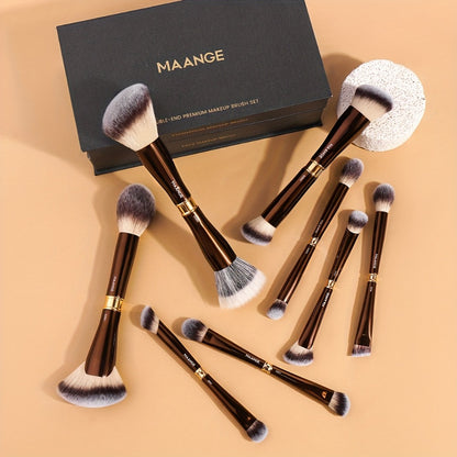 Double-Ended Makeup Brush Set 8-Piece with Storage Box - Aluminum Alloy Handle Foundation Blush Contour Brushes, Travel Gift for Women