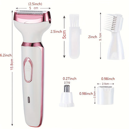 4-in-1 Electric Hair Remover for Women USB Rechargeable Shaver Trimmer – Eyebrow Nose Face Leg Bikini Line Underarm Peach Fuzz Removal Stainless Steel Blades Portable Travel Gift