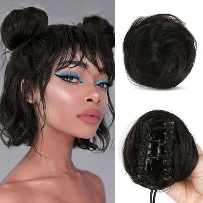 Clip In Hair Bun Extensions Mini Donut Bun with Cat Ears Messy Bun Claw Clip Hairpiece Synthetic Fiber Instant Updo Women Girls Multiple Colors 2 Pcs Set