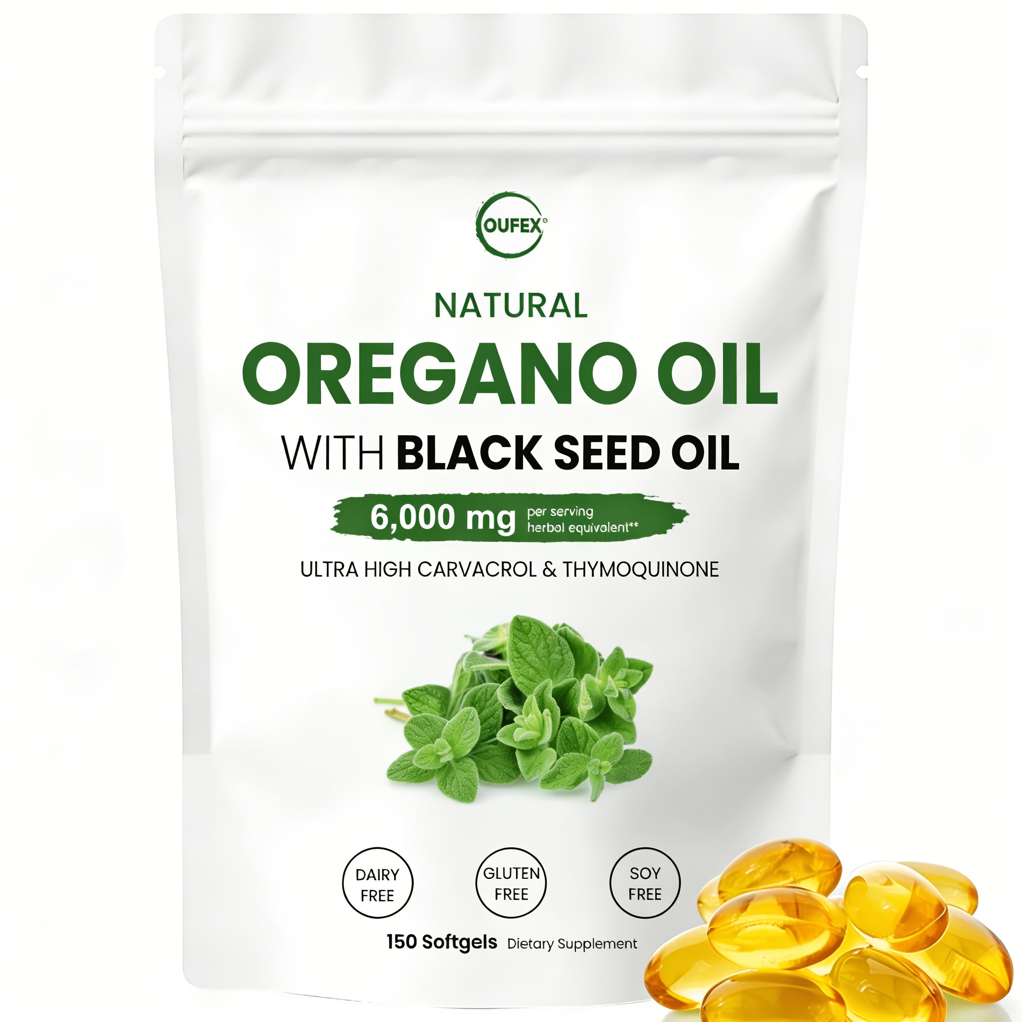 Oufex Oregano Oil | Featuring Black Seed Oil with High Carvacrol & Thymoquinone | Plantbased Antioxidant & Seasonal Wellness Support | 150 Softgels