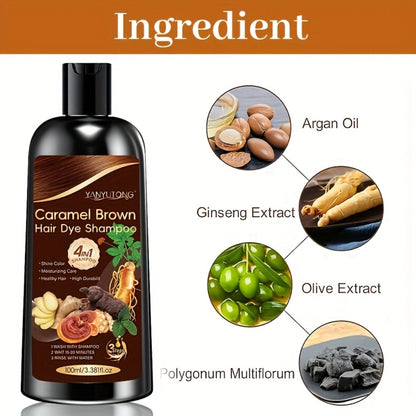 Caramel Brown Hair Dye Shampoo 4-in-1 with Ginseng, Reishi Mushroom & Ginger Extract - Instant Color, Shine, Volume & Smoothness, 3.38oz x 2 Bottles