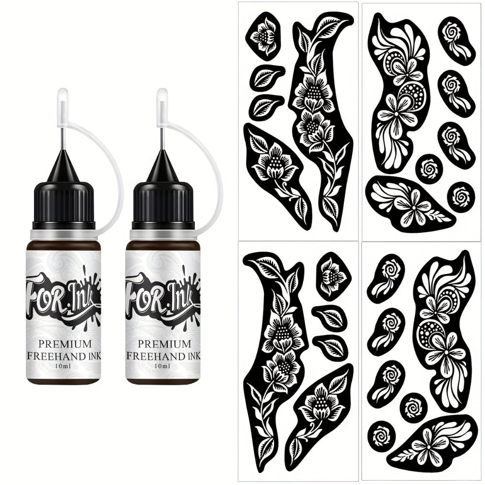Body Art Tattoo Stencil Kit with Brown Paste Ink & Flash Spray - Hollow Template DIY Freehand Temporary Tattoo Designs 2-Pack SM-16 SM-17
