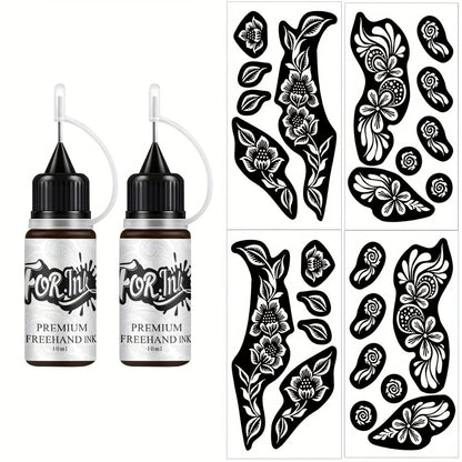 Body Art Tattoo Stencil Kit with Brown Paste Ink & Flash Spray - Hollow Template DIY Freehand Temporary Tattoo Designs 2-Pack SM-16 SM-17