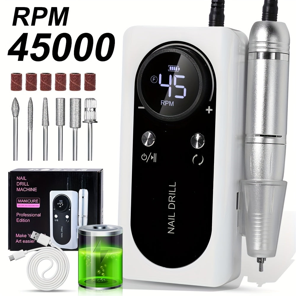 45000RPM Portable Electric Nail Drill Machine with LCD Display Nails Sander for Acrylic Gel Polish Rechargeable Nail Tool
