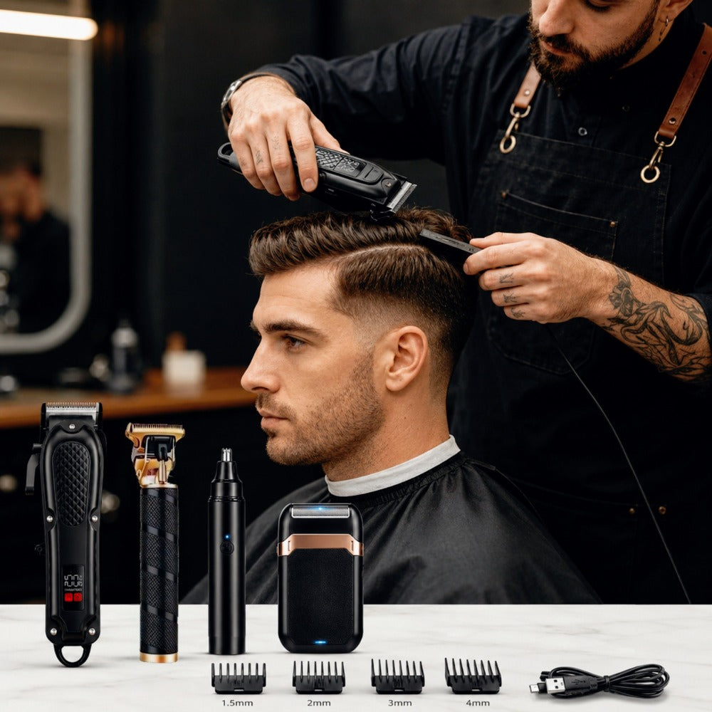 [USB Rechargeable] Professional Men's Grooming Kit, Rechargeable Hair Clipper And Beard Trimmer Set with Guide Combs, Nose Trimmer, Electric Shaver, USB Charging Cable, Haircut And Styling Tool for Men
