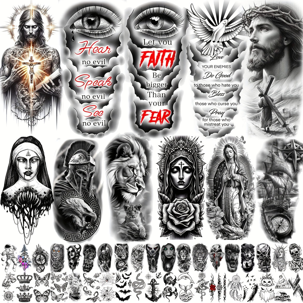 68 Sheets God Jesus Christ Temporary Tattoos for Men Women, Bulk Temp Religious Christian Peace Faith Nun Prayer Ship Half Arm Sleeve Tattoos for Adults, Tribal Eye Lion Quotes Fake Tattoo