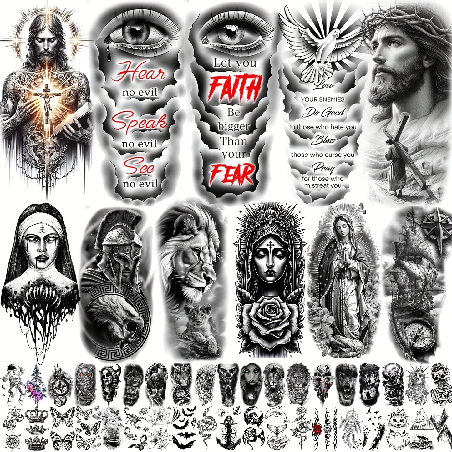 Temporary Tattoos Religious Christian 68 Sheets | God Jesus Christ Faith Prayer Peace Tribal Lion Eye Quotes | Bulk Fake Tattoo Stickers for Men Women Adults | Half Arm Sleeve Body Art Set