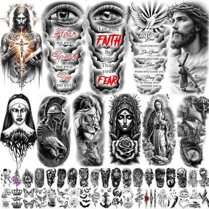 Temporary Tattoos Religious Christian 68 Sheets | God Jesus Christ Faith Prayer Peace Tribal Lion Eye Quotes | Bulk Fake Tattoo Stickers for Men Women Adults | Half Arm Sleeve Body Art Set