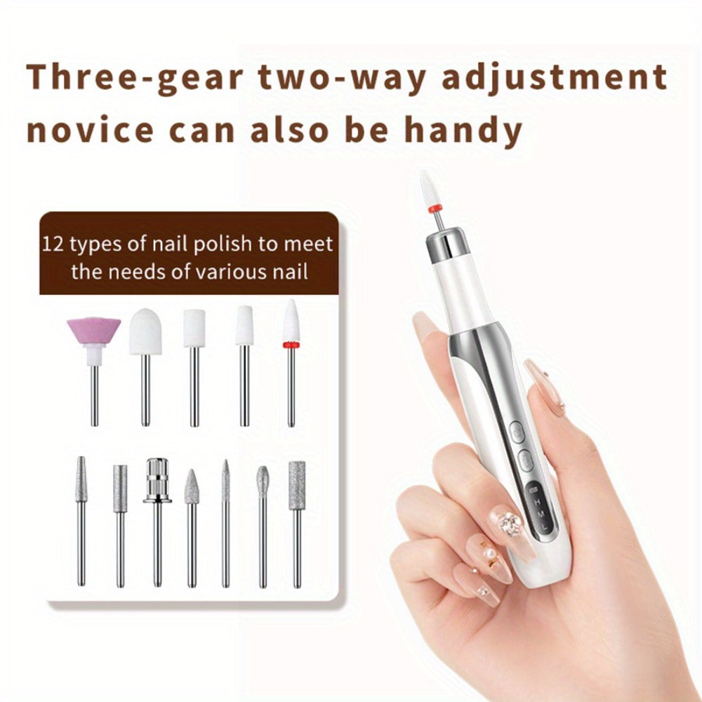 Electric Nail Drill, Cordless Nail Drill, Electric Nail File, USB Rechargeable Portable Nail Drill for Manicure Pedicure And Polishing, with 12 Nail Drill Bits And Sanding Bands, White