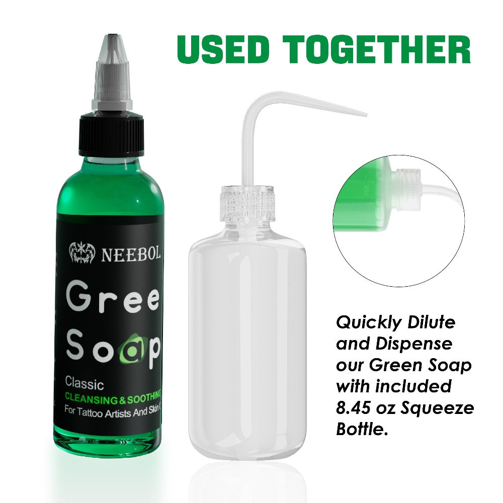 Tattoo Green Soap Cleaning Kit Neebol 8.5oz Concentrated Soap with Squeeze Bottle Moisturizing Balm Cream Lint-Free Wipes Complete Skin Care Set Before After Tattooing