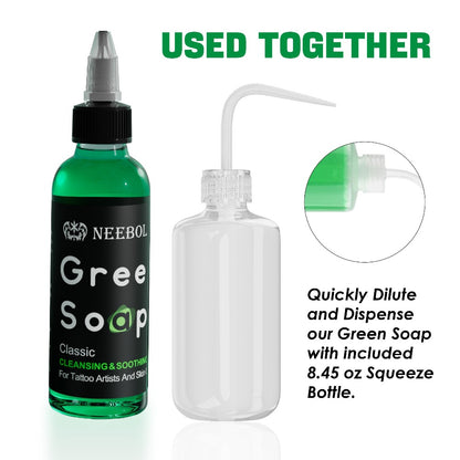 Tattoo Green Soap Cleaning Kit Neebol 8.5oz Concentrated Soap with Squeeze Bottle Moisturizing Balm Cream Lint-Free Wipes Complete Skin Care Set Before After Tattooing