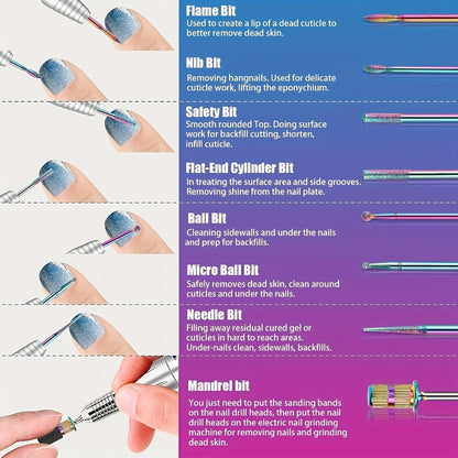 Nail Drill Bit Set Tungsten Steel & Ceramic Grinding Heads with Storage Box for Gel Removal Nail Enhancement Polishing Shaping Multi-Grit Abrasive Bands Coarse Medium Fine Electric Nail Drill Machine