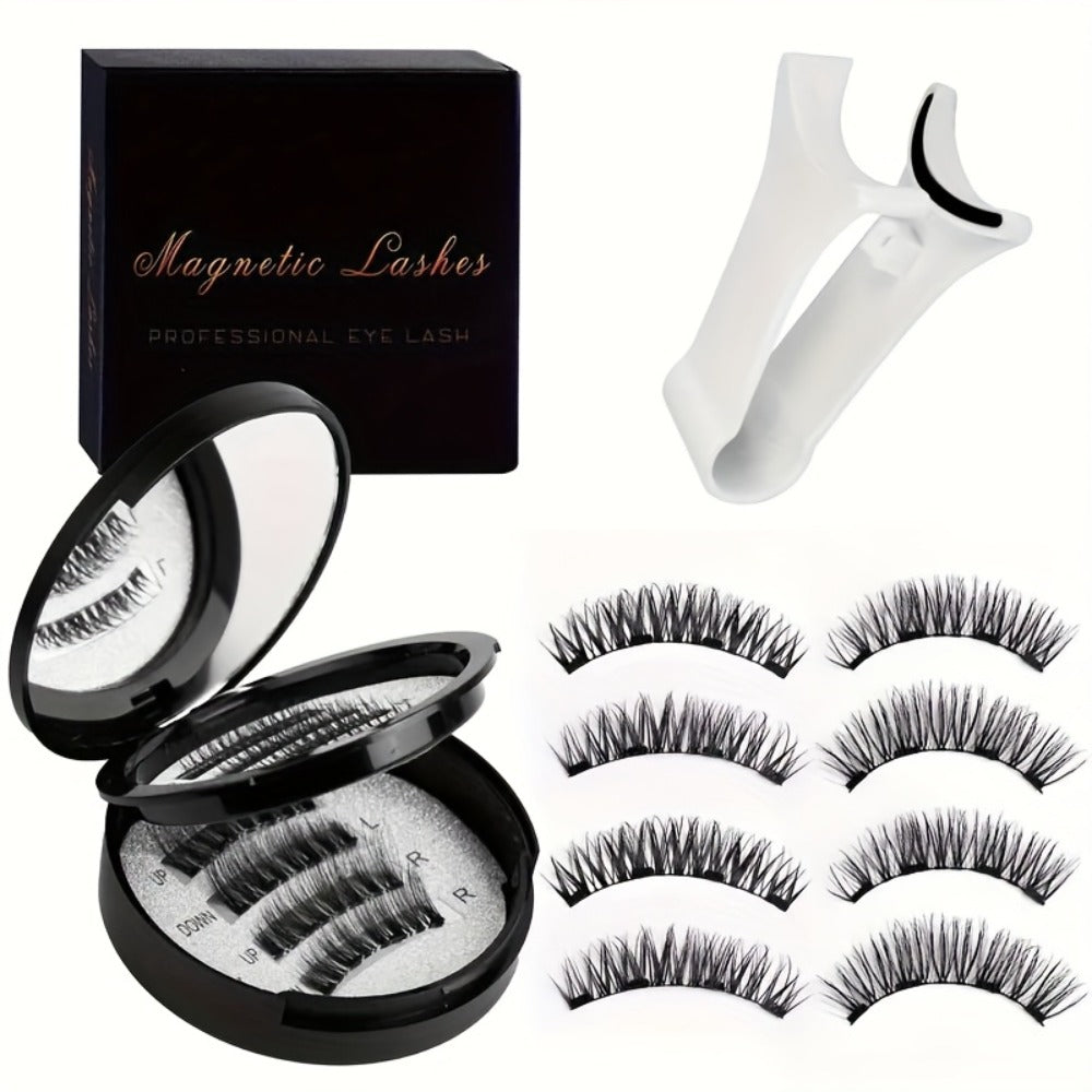 8pcs Natural Glue-3D False Eyelashes(One Box)- Reusable Double Magnetic False Eyelashes Set with Clips, Reusable, Waterproof, Glue, Easy to Wear, Women