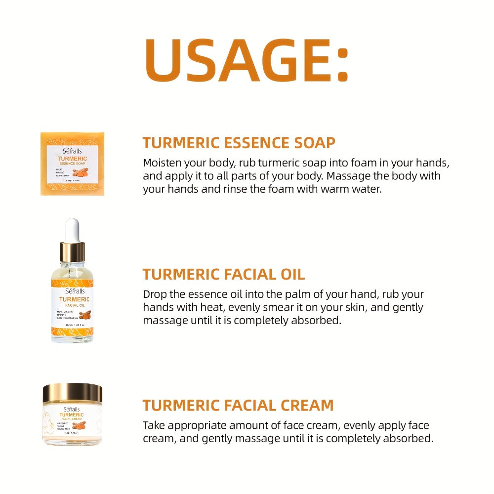 Sefralls Turmeric 3pcs/Set, Includes Turmeric Facial Cream, Turmeric Essential Soap, Turmeric Facial Essential Oil, Deeply Cleans Facial Pores, Moisturizes The Skin, Gently Balances Oil, Rich In Turmeric Extract, The Best Gift - Essential for Travel