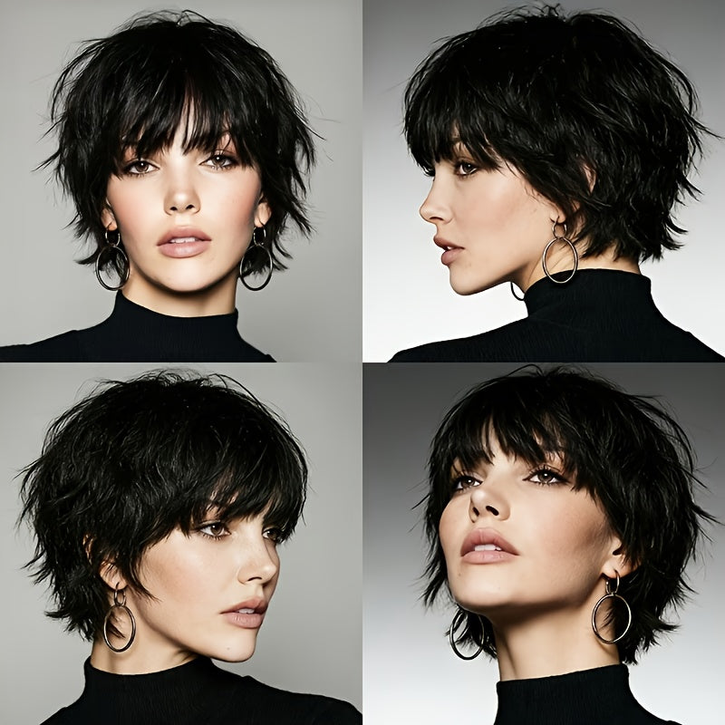 Brazilian Human Hair Wig Suitable for Skin Tones - Short Pixie Cut with Bangs, Glueless Layered Machine-Made Wig, Density & for Daily Wear, Throw-On-and-Go Short Black Hairpiece