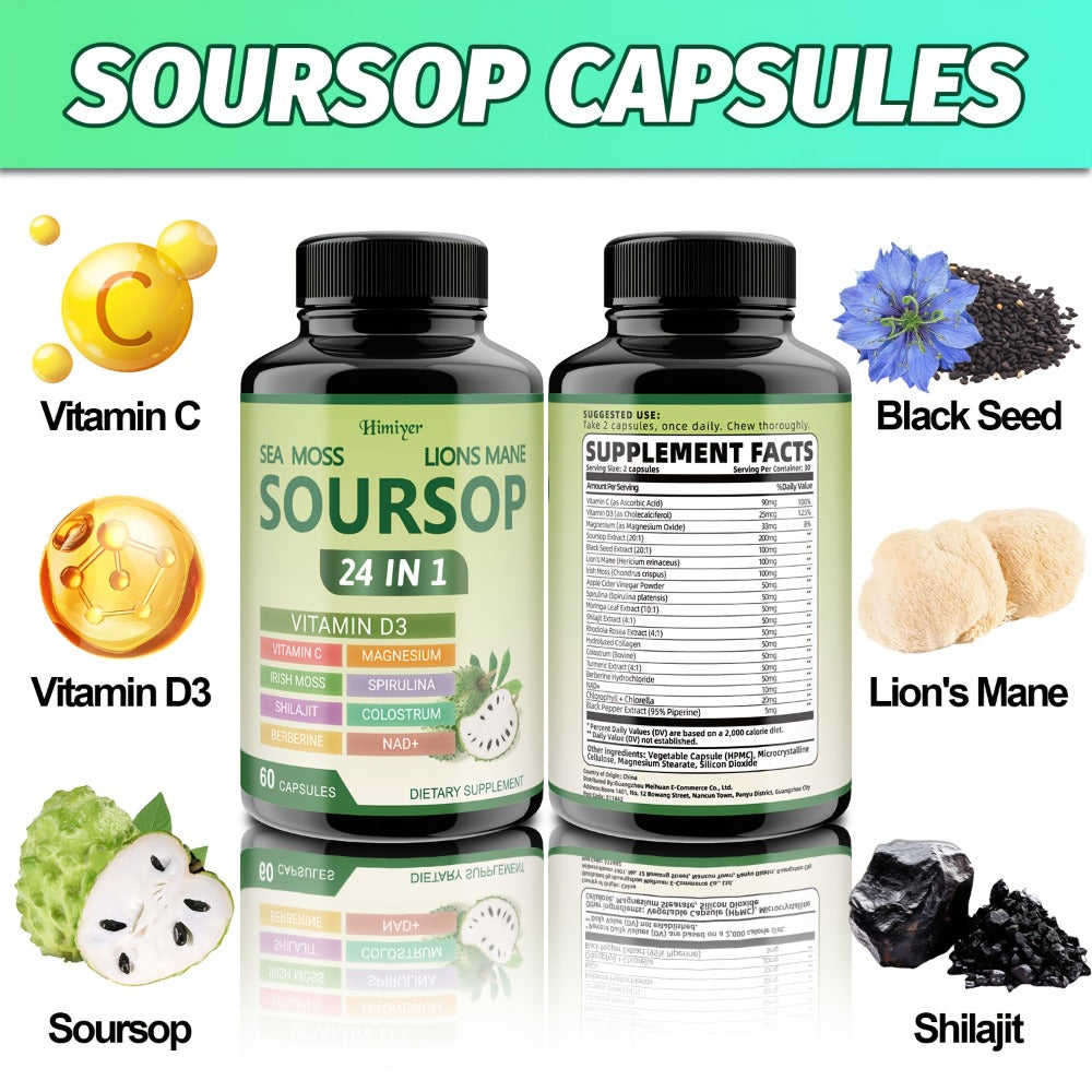 [Herbal Supplement Support] (1/3 Bottles) - Soursop Capsules, Vitamin D3, Vitamin C, Magnesium, Irish Moss, Shilajit, Berberine, NAD+, Advanced Herbal Supplement, Healthy Support, Immunity, Antioxidant, Circulatory System Support