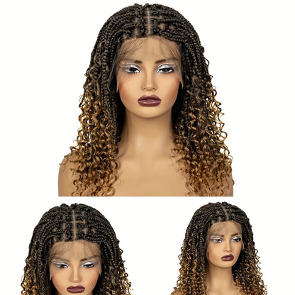 Braided Wig Knotless Full Lace with Curly Ends - 180% Density Synthetic Handmade Braid Wig for Women Natural Hairline Party Holiday 16 Inch