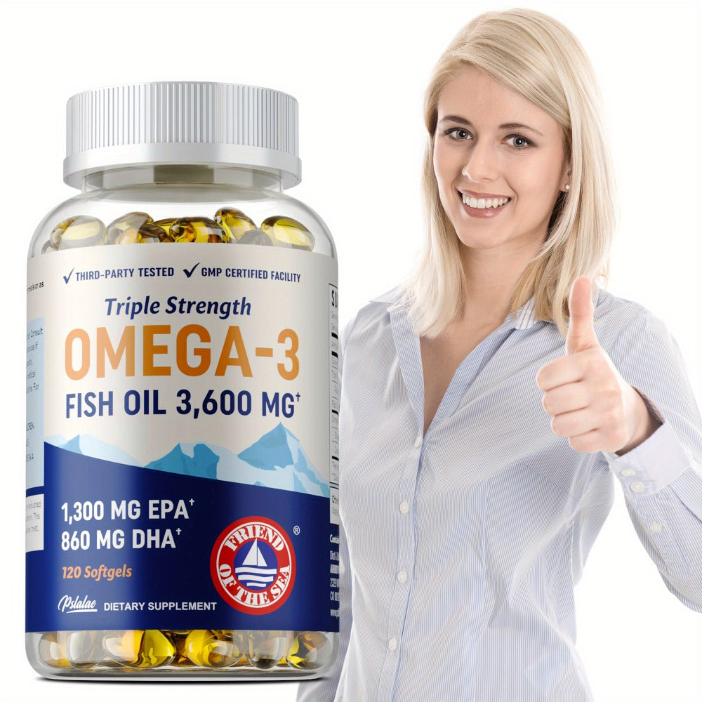 Omega 3 Fish Oil - with EPA & DHA, Omega-3, Triple Strength Omega 3 Fish Oil Supplement, for Eye Brain and Heart Health - 120pcs