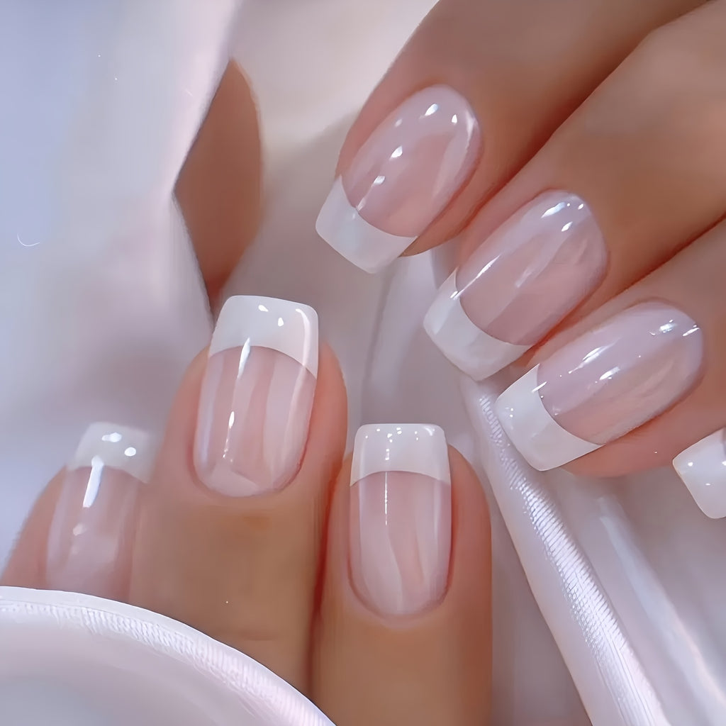 216pcs (9 Boxes) Short Square Summer White French Style Simple Gradient Glitter Heart Soft Gel Press-On Nails Full Cover Fake Nail Set for Women & S