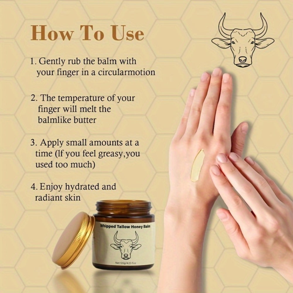 Grass Fed Beef Tallow Balm Suitable for Face & Body - Natural Whipped Moisturizer Cream with Honey, Unrefined Grass-Fed Beef Formula, Non-Greasy Hydration for Sensitive Skin, Nourishing for Dryness, Men & Women