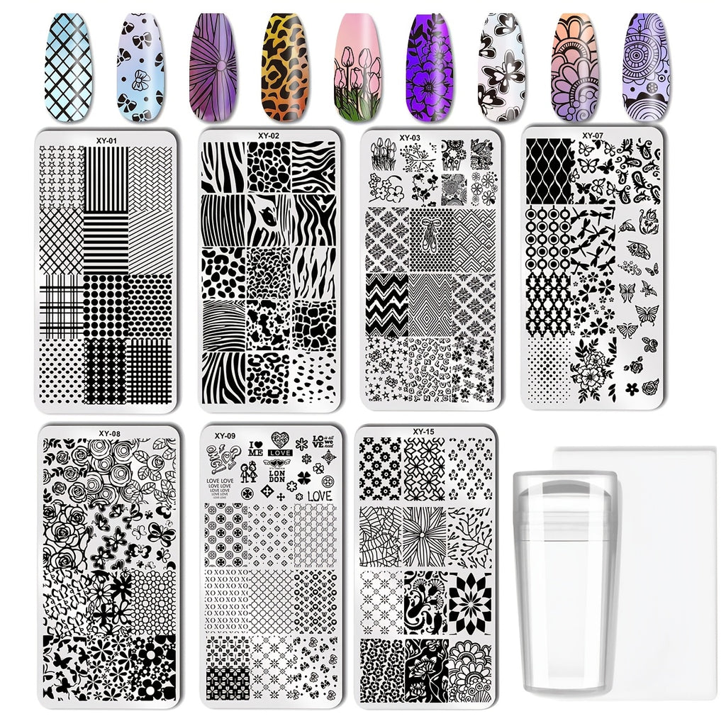 9pcs Nail Printing Board Set 7pcs Mixed Design Stamping Deck +1 Nail Press Die +1 Scraper Nail Art Press Board Scraper Press Die Set