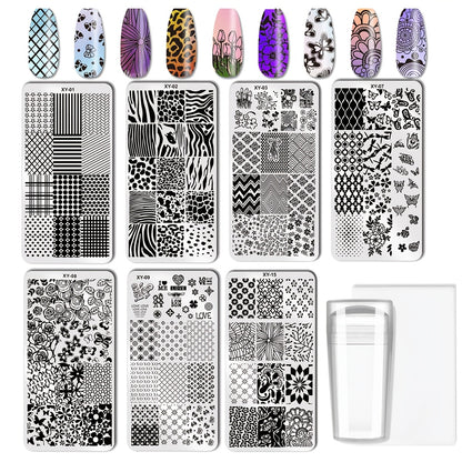 Nail Stamping Plate Set 9Pcs with 7 Mixed Design Stamp Plates Stamper & Scraper Kit for Nail Art Printing Manicure DIY Decoration Floral Geometric Abstract Patterns Stainless Steel Reusable
