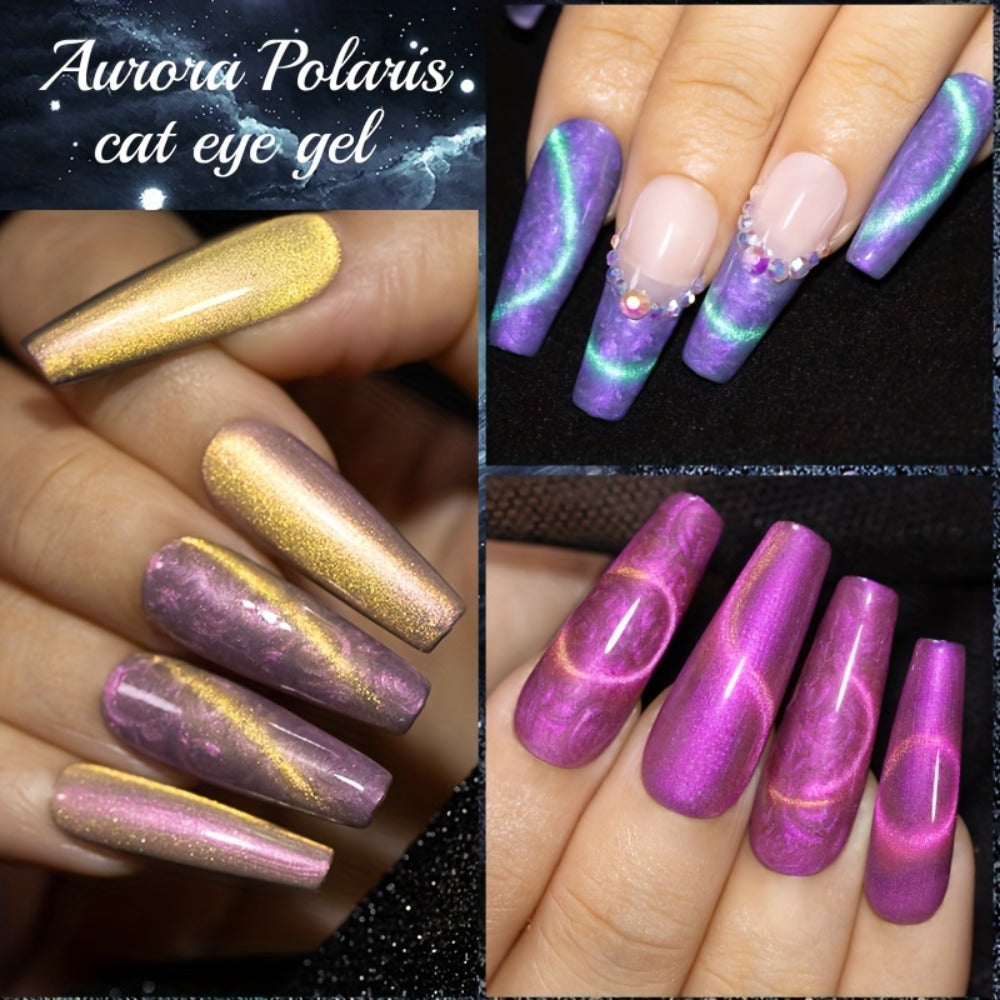 PUENTE 6pcs/set Aurora Shell Thread Cat Magnetic Gel Nail Polish With Magnet Semi-Permanent Nail Art 9D Aurora Glitter Pearl Cat Eye Gel Varnish, Soak Off Light Cured, Manicure Kit For Home Nail Salon Gift For Women