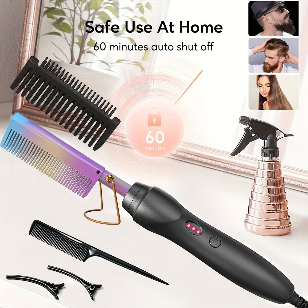Hot Comb Hair Straightener, Electric Comb, Portable Travel Anti-Burn Beard Straightener Press Comb Ceramic Curler Flat Curler