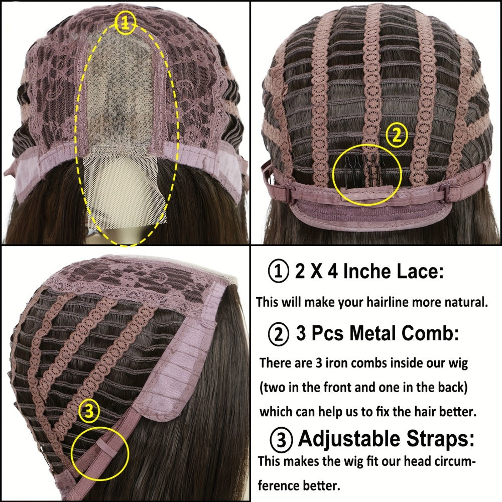 U Part Lace Bob Wig Ombre Black Brown Straight Synthetic Hair - 13x2 Lace Front Short Bob Wig for Women Natural Hairline 12 Inch