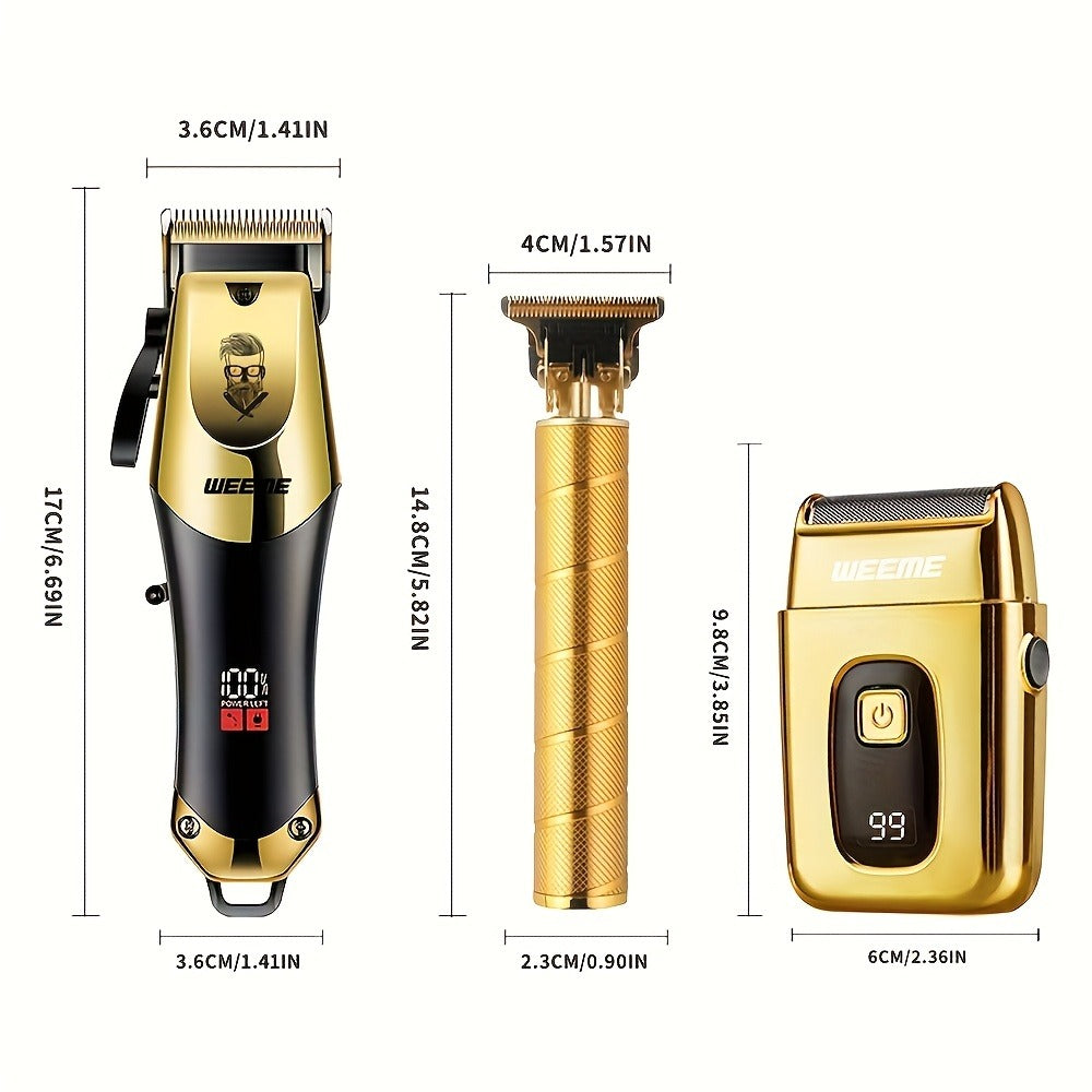 [Valentines Day Gift] WEEME 4pcs 3pcs 2pcs Set Golden Blue Black Silver Hair Clipper for Men - USB Rechargeable Hair Cutting Kit Including Electric Razor, T-Blade Trimmer, 8 Limit Combs, USB Cable, Cleaning Brush and Combs - Valentines Day Gift Items