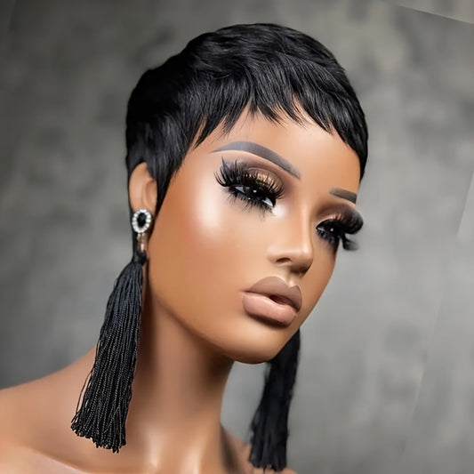 1pc Unisex Adult Black Pixie Cut Wig - 150% Density Straight Human Hair, Glueless Rose Net Cap, Layered Short Style for Daily And Special Occasions