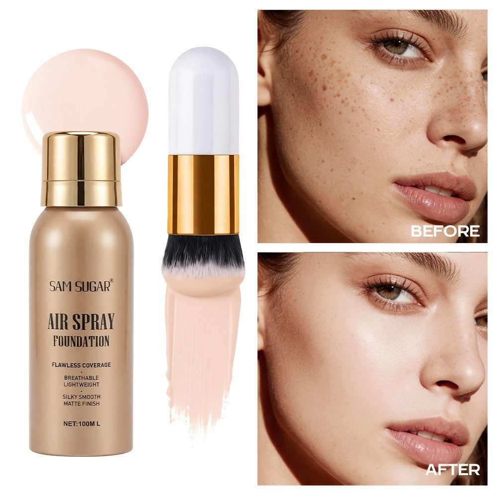 Matte Foundation Spray Powder with Brush Set — Waterproof Sweat-Proof Long-Lasting Full Face Coverage, Natural Finish for All Skin Types