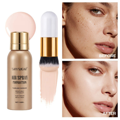 Matte Foundation Spray Powder with Brush Set — Waterproof Sweat-Proof Long-Lasting Full Face Coverage, Natural Finish for All Skin Types
