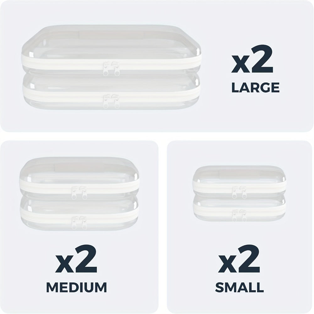 6pcs Double Zippered Hard Pouch, Transparent Storage Bag, Includes 3 Different Sizes.Storage, Hard Plastic, Pencil Case, Hard Plastic Clay Organiser, Clear Hard-shell Zip Case, Portable Make-up Bag for Holidays, Bathroom And Storage(2S+78.74inch+67.63oz)